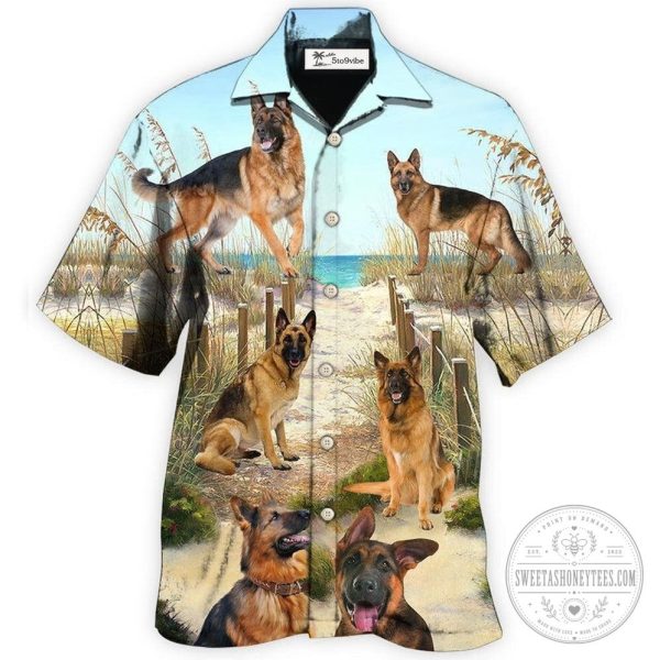 Hawaiian Shirt Featuring German Shepherd Dogs on a Beach Path