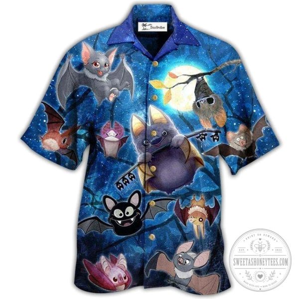 Adorable Hawaiian Shirt Featuring Nighttime Bats That Are Not Scared
