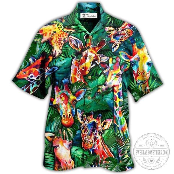Hawaiian Shirt with Tropical Leaves and Colorful Giraffe Faces