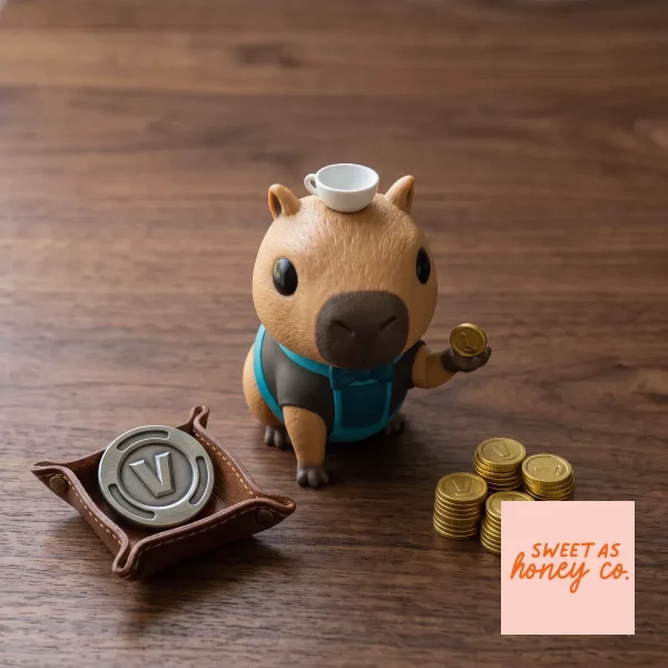 Side angle of Fortnite Capybara Sidekick box on office desk with blurred game figurines in background
