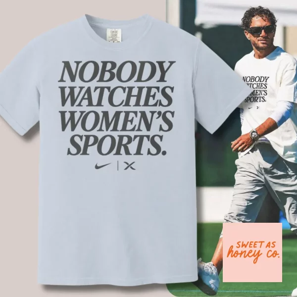 Front view of white cotton crew neck t-shirt with bold typography design for women's sports advocacy. (Detail view #2)