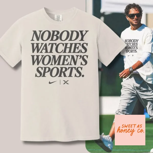 Front view of white cotton crew neck t-shirt with bold typography design for women's sports advocacy. (Detail view #3)