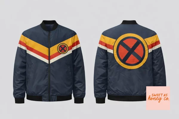 D23 X-Men Marvel AOP Bomber Jacket - Retro 90s Superhero Style 1 Rear view of an X-Men bomber jacket showing a large red X-Men logo in a circle on a deep navy background.