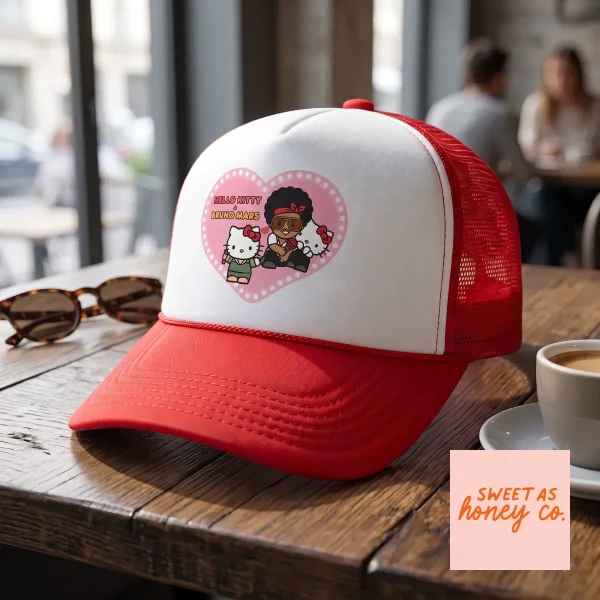 Hello Kitty and Bruno Mars The Romantic Tour 2026 Trucker Hat Merch 3 Front view of a red and white trucker hat featuring a Hello Kitty and Bruno Mars Romantic Tour 2026 print. (Detail view #4)