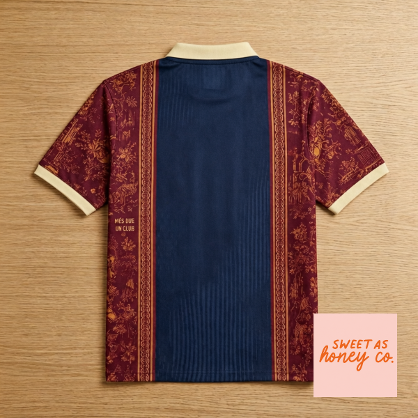 FC Barcelona x Nike x Air Dior Paris Toile de Jouy aop replica polo shirt 2026 1 Close up of the collar and FC Barcelona crest on a navy and maroon printed polo shirt.