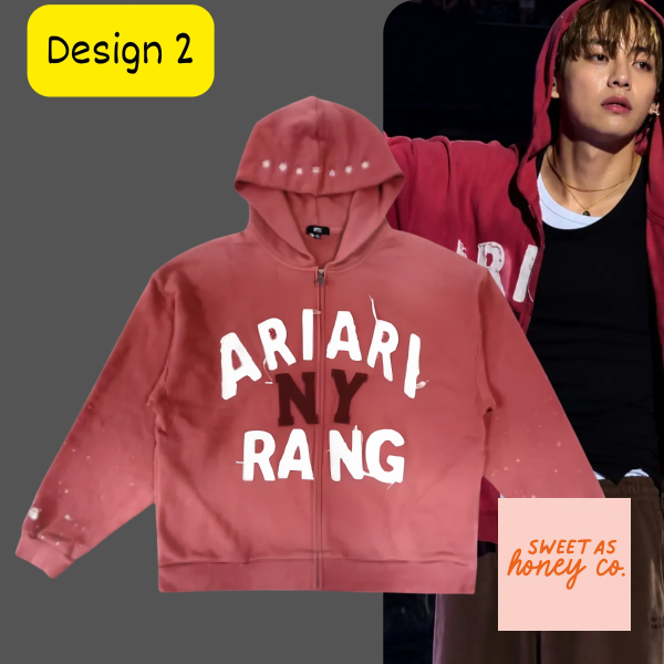 Front view of a black BTS Arirang zip-up hoodie with white graphic text and Jungkook photo. (Detail view #2)