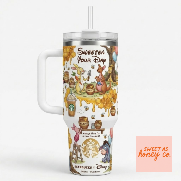 Personalized Winnie the Pooh Hunny Pot Sweeten Your Day Starbucks Disney Tumbler Travel Cup 40oz 1 Detailed view of the 3D printed honey and character design on a white 40oz tumbler