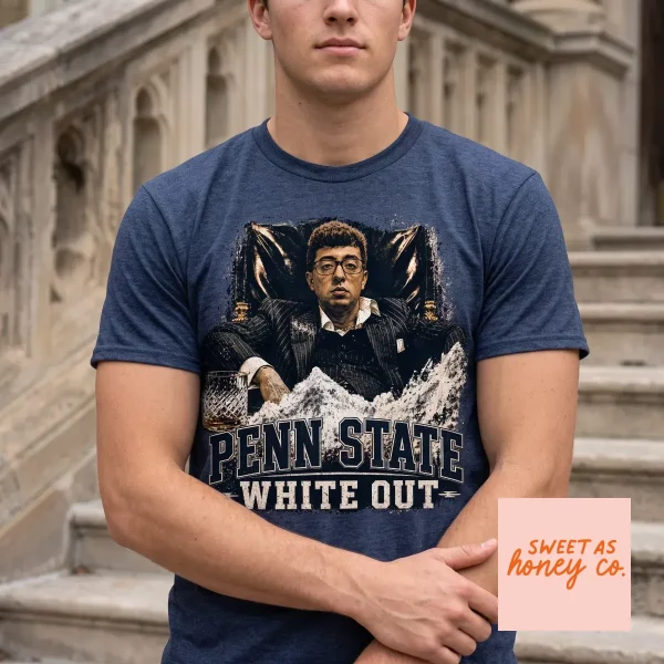 Penn State White Out 2026 Pablo Pledgescobar Meme Shirt 1 Close-up detail of the Penn State White Out graphic shirt showing the detailed caricature and bold lettering.