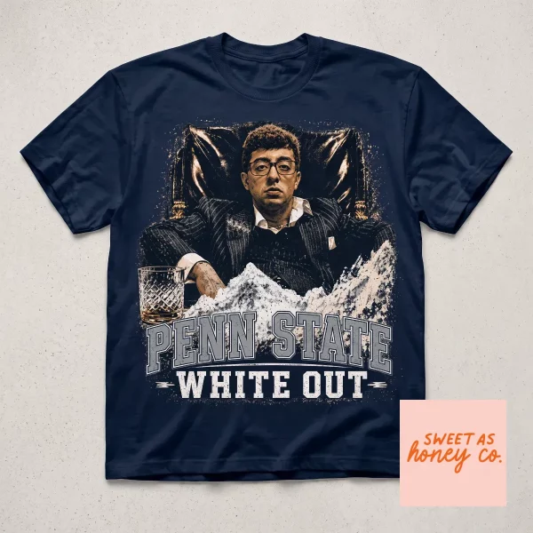 Penn State White Out 2026 Pablo Pledgescobar Meme Shirt 3 Charcoal grey unisex t-shirt featuring a satirical Pablo Pledgescobar graphic with Penn State White Out text on a rustic wood background. (Detail view #4)