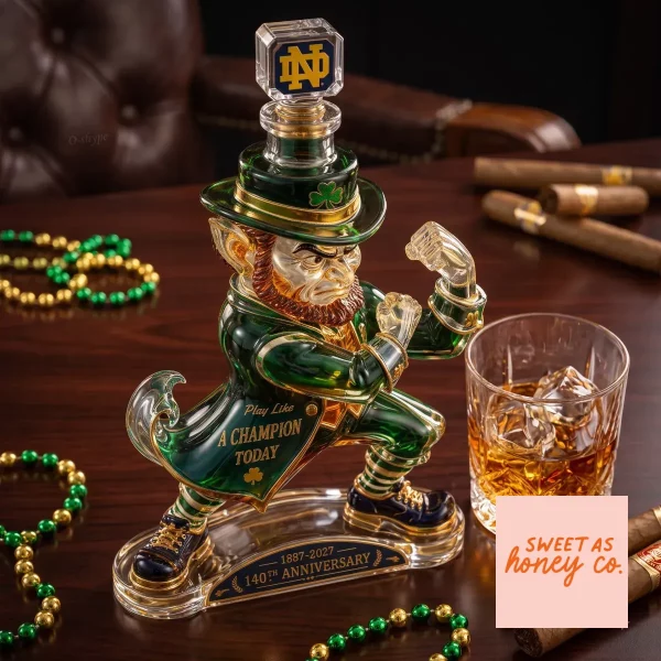 Fighting Irish whiskey decanter set with ice and bar decor.