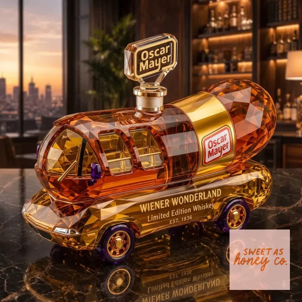Oscar Mayer Wiener Wonderland Glass Whiskey Decanter Limited Edition 1 Oscar Mayer Wienermobile shaped whiskey decanter in amber crystal on a desk. (Detail view #2)