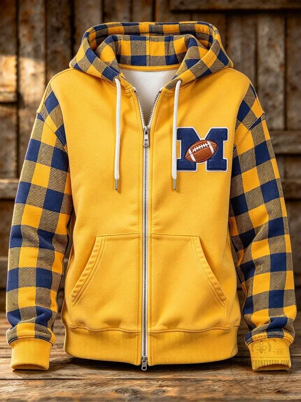 Football Letter M Plaid Sleeve Full-Zip Hoodie