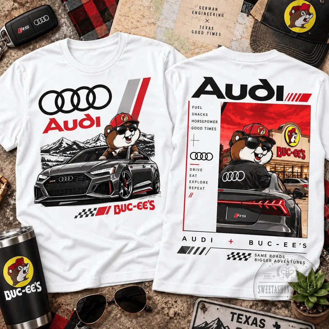 Buc-ee's Audi RS 5 Sportback Car Enthusiast White Graphic T-Shirt 2 Buc-ee