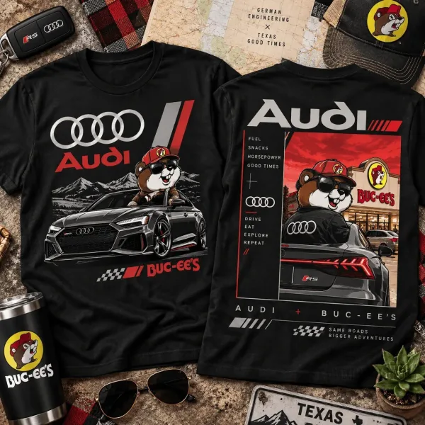 Buc-ee's Audi RS 5 Sportback Car Enthusiast White Graphic T-Shirt 1 Buc-ee's Audi RS 5 Sportback Car Enthusiast White Graphic T-Shirt