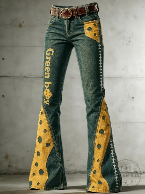Green Bay Packers Women's Cheesehead Football Fan Flare Denim Pants