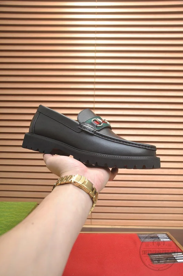 Gucci Black Leather Loafer Shoes with Web Stripe and Interlocking G 1 Gucci Black Leather Loafer Shoes with Web Stripe and Interlocking G
