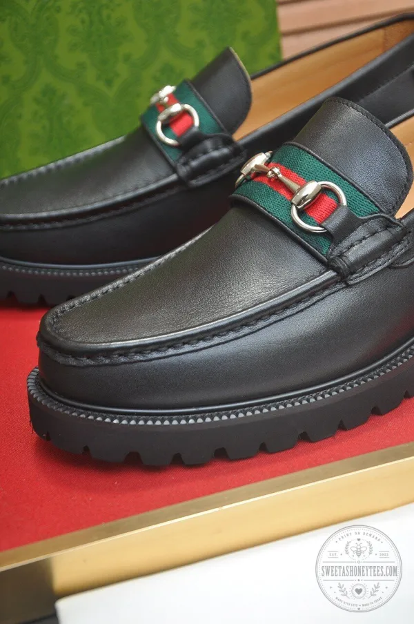 Gucci Black Leather Loafer Shoes with Web Stripe and Interlocking G 3 Gucci Black Leather Loafer Shoes with Web Stripe and Interlocking G