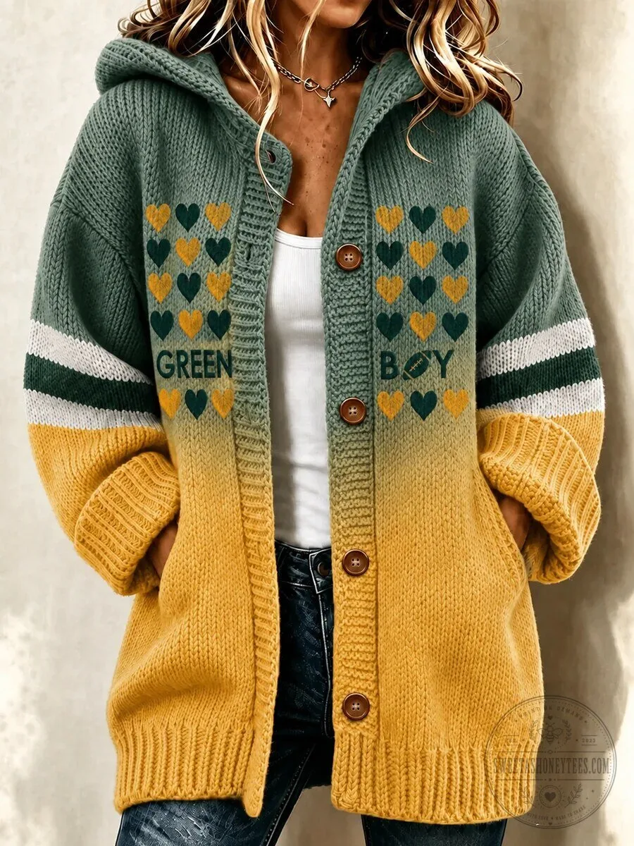 Green Bay Football Team Hearts Pattern Women's Knitted Cardigan Hoodie 1 Green Bay Football Team Hearts Pattern Women