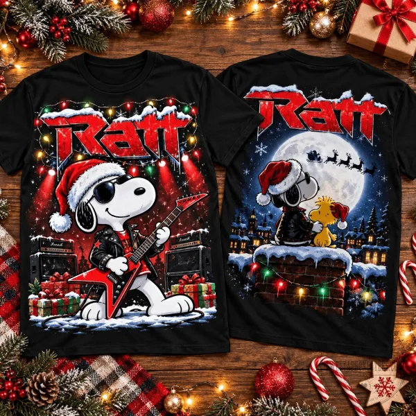 Ratt Snoopy Guitar and Woodstock Holiday Christmas Black T-Shirt
