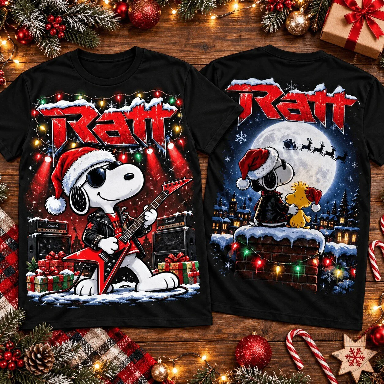 Ratt Snoopy Guitar and Woodstock Holiday Christmas Black T-Shirt 1 Ratt Snoopy Guitar and Woodstock Holiday Christmas Black T-Shirt