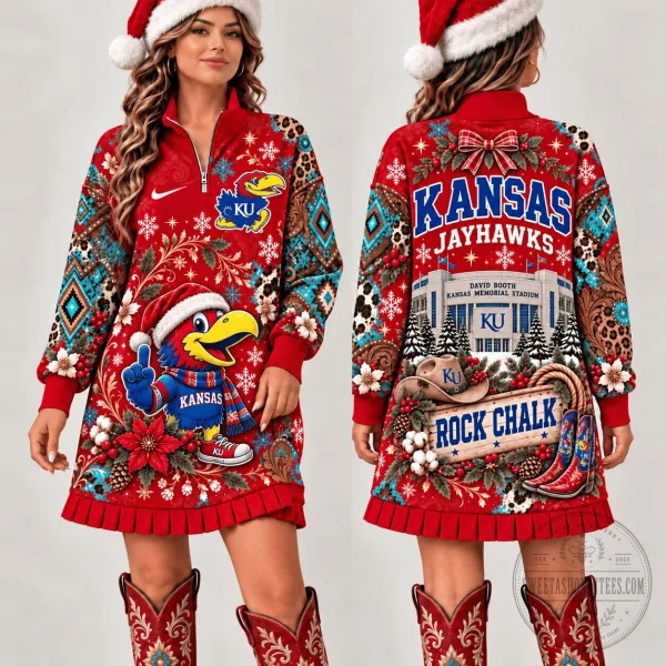 Kansas Jayhawks Christmas Western Boho Quarter-Zip Dress