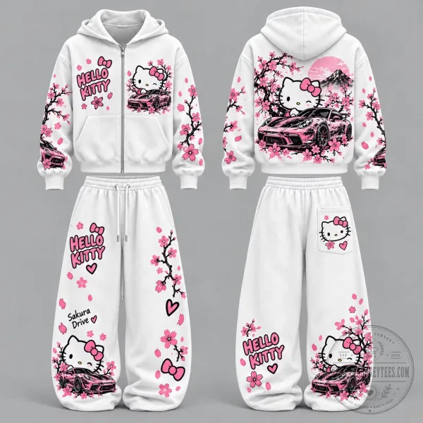Hello Kitty Sakura Drive Pink Cherry Blossom Unisex Zip-Up Hoodie