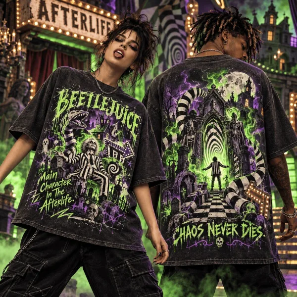 Beetlejuice Sandworm Haunted House Graveyard Afterlife Chaos Never Dies T-Shirt