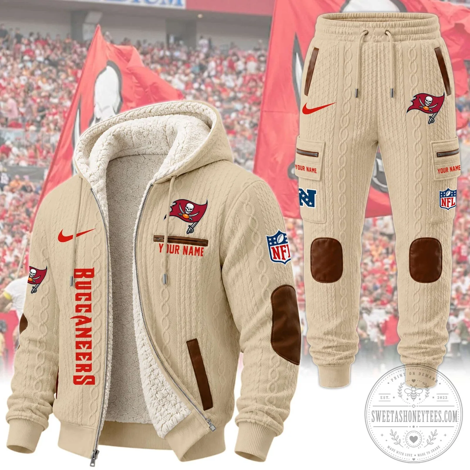 Tampa Bay Buccaneers NFL Sherpa Lined Cable Knit Hoodie and Jogger Pants Set 33 Tampa Bay Buccaneers NFL Sherpa Lined Cable Knit Hoodie and Jogger Pants Set