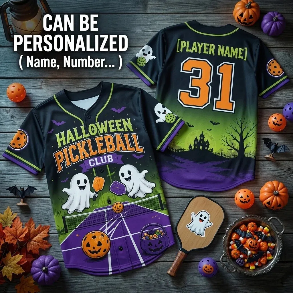 Halloween Pickleball Club Personalized Baseball Jersey for Men and Women 1 Halloween Pickleball Club Personalized Baseball Jersey for Men and Women