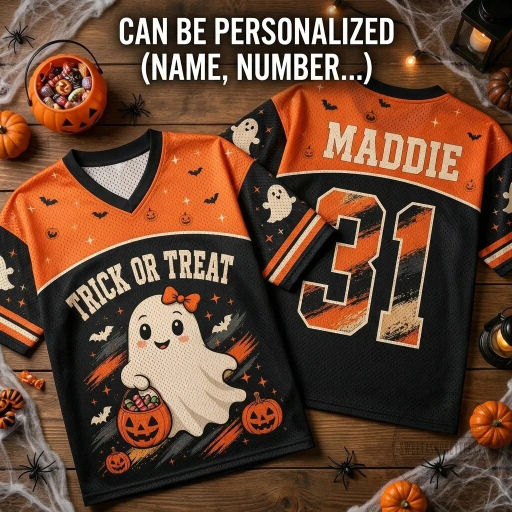 Trick or Treat Ghost Halloween Personalized Football Jersey 1 Trick or Treat Ghost Halloween Personalized Football Jersey