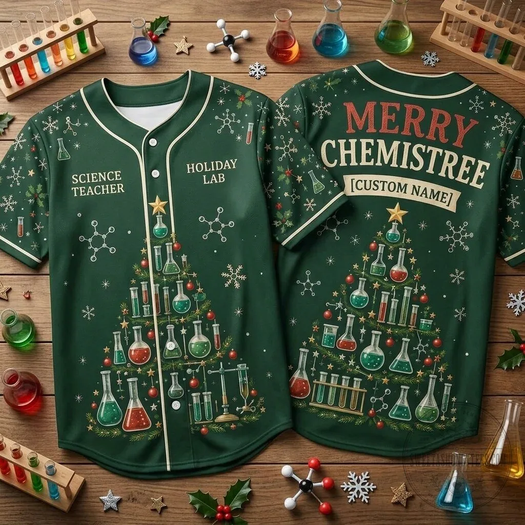 Science Teacher Merry Chemistree Holiday Lab Baseball Jersey 1 Science Teacher Merry Chemistree Holiday Lab Baseball Jersey