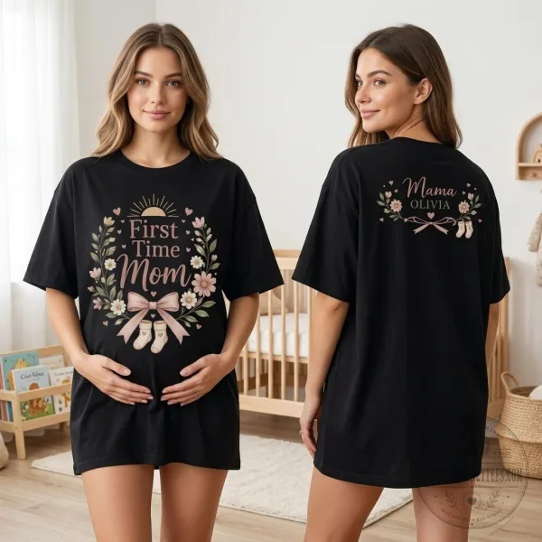 Personalized First Time Mom Floral Wreath Pregnancy Announcement T-Shirt