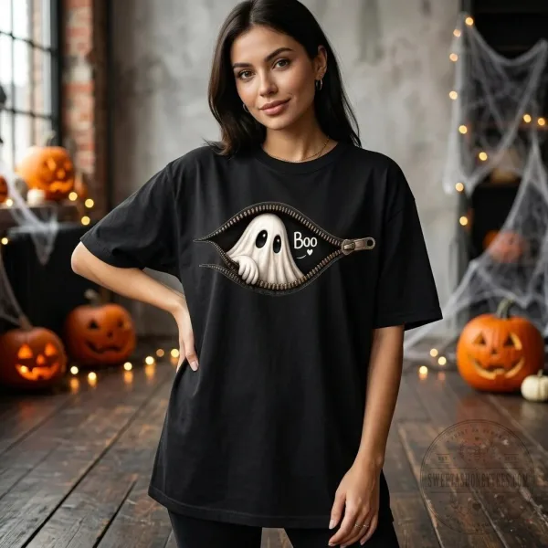 Cute Peeking Ghost Zipper Halloween Boo Spooky Fall Black T-Shirt