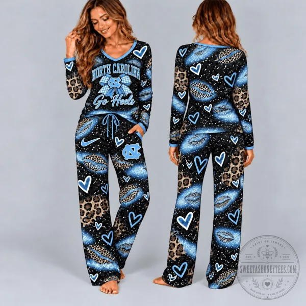 North Carolina Tar Heels Leopard Print V-Neck Long Sleeve Pajamas Set