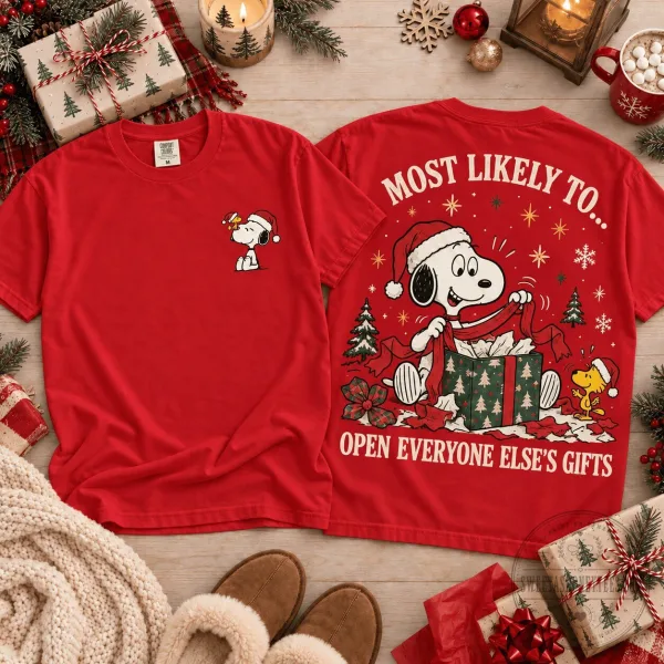 Snoopy Christmas Most Likely To Open Everyone Else's Gifts Red T-Shirt