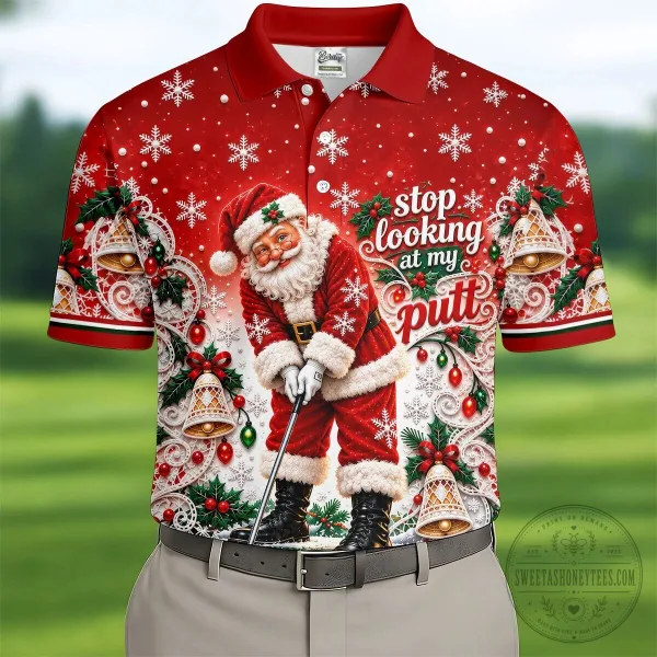 Funny Santa Claus Golfing Christmas Snowflakes Red Polo Shirt