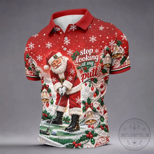 Funny Santa Claus Golfing Christmas Snowflakes Red Polo Shirt
