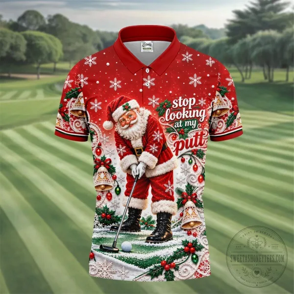 Funny Santa Claus Golfing Christmas Snowflakes Red Polo Shirt