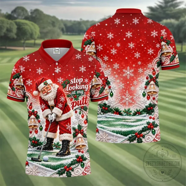 Funny Santa Claus Golfing Christmas Snowflakes Red Polo Shirt