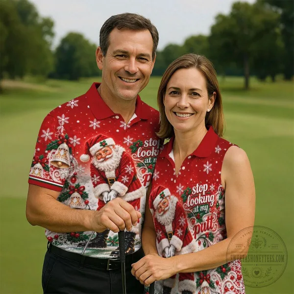 Funny Santa Claus Golfing Christmas Snowflakes Red Polo Shirt