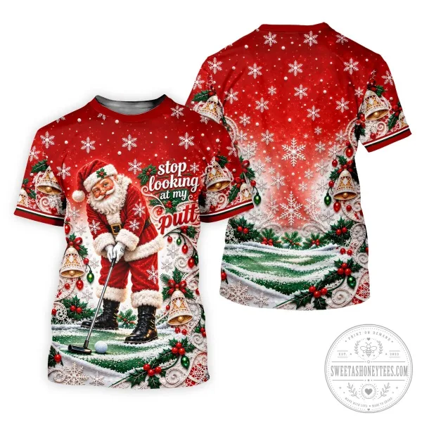 Funny Santa Claus Golfing Christmas Snowflakes Red Polo Shirt