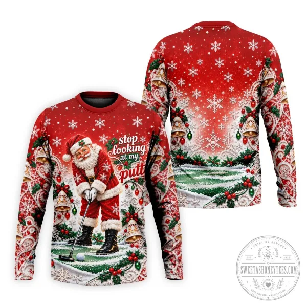 Funny Santa Claus Golfing Christmas Snowflakes Red Polo Shirt