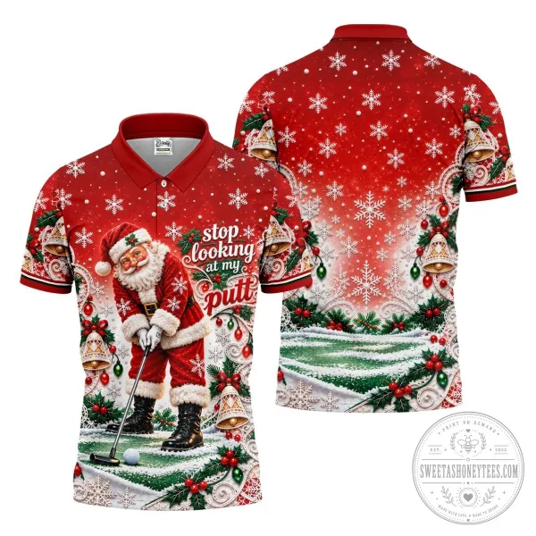 Funny Santa Claus Golfing Christmas Snowflakes Red Polo Shirt
