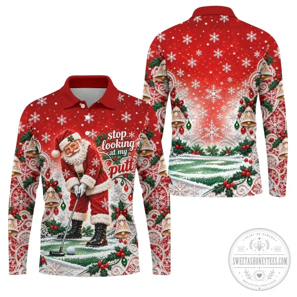 Funny Santa Claus Golfing Christmas Snowflakes Red Polo Shirt