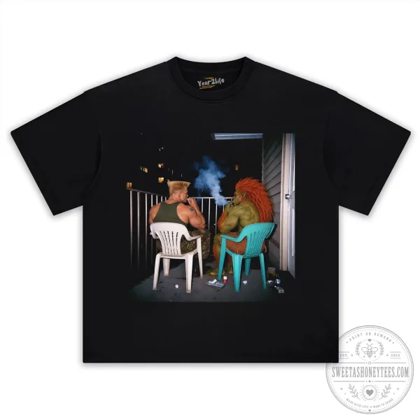 Street Fighter Guile and Blanka Smoking on Balcony Graphic T-Shirt