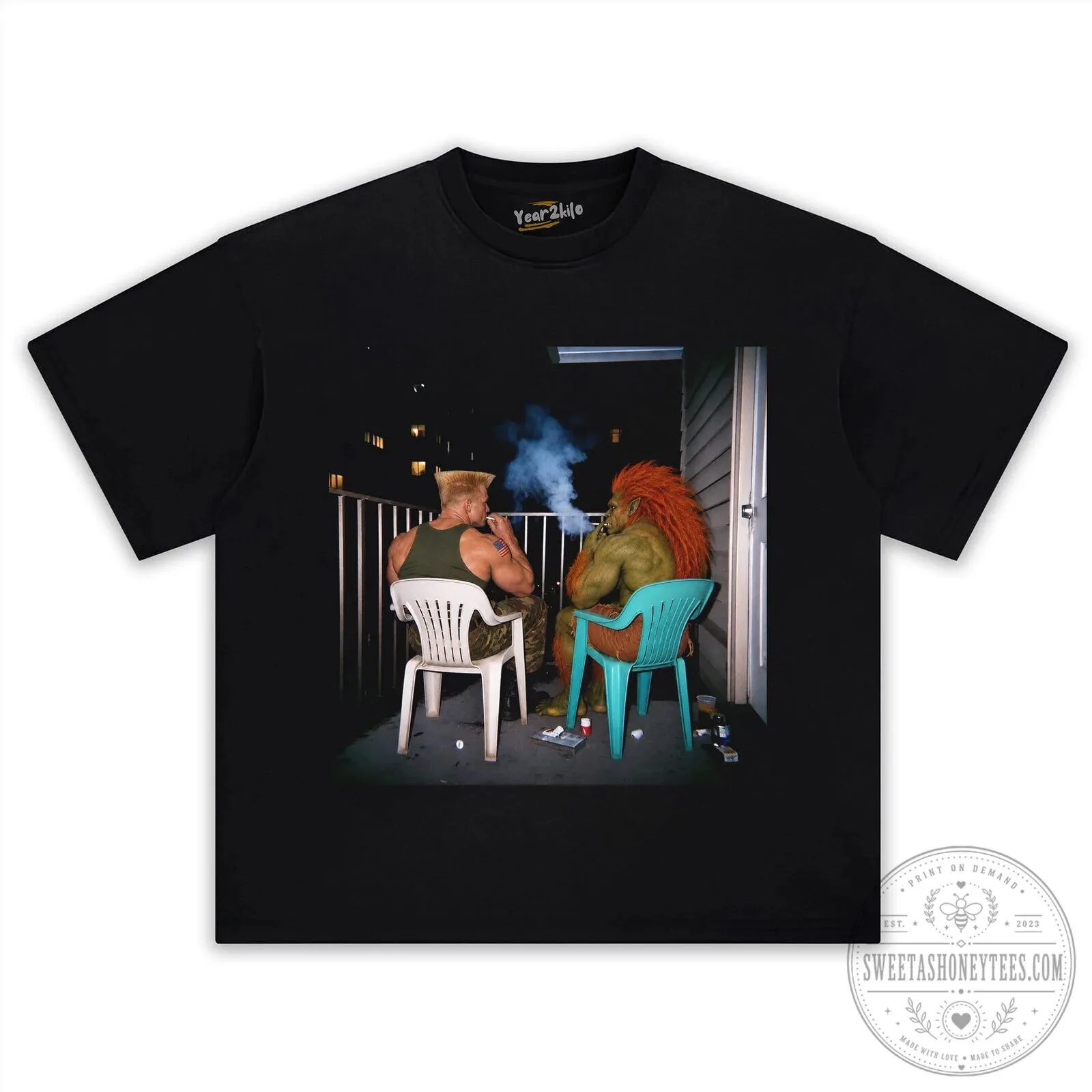 Street Fighter Guile and Blanka Smoking on Balcony Graphic T-Shirt 7 Street Fighter Guile and Blanka Smoking on Balcony Graphic T-Shirt