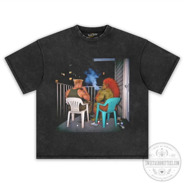 Street Fighter Guile and Blanka Smoking on Balcony Graphic T-Shirt 1 Street Fighter Guile and Blanka Smoking on Balcony Graphic T-Shirt