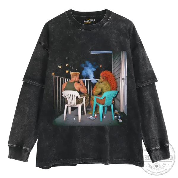 Street Fighter Guile and Blanka Smoking on Balcony Graphic T-Shirt 3 Street Fighter Guile and Blanka Smoking on Balcony Graphic T-Shirt