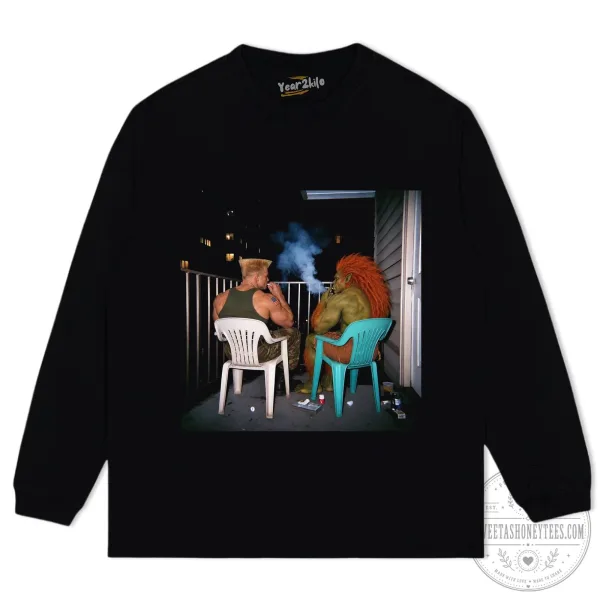 Street Fighter Guile and Blanka Smoking on Balcony Graphic T-Shirt 4 Street Fighter Guile and Blanka Smoking on Balcony Graphic T-Shirt