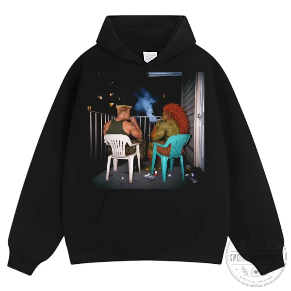 Street Fighter Guile and Blanka Smoking on Balcony Graphic T-Shirt 6 Street Fighter Guile and Blanka Smoking on Balcony Graphic T-Shirt